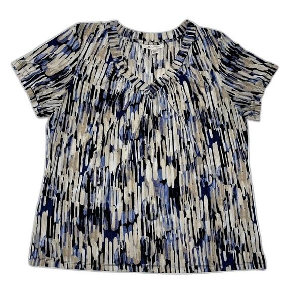 JM Collection‎ V Neck Abstract Blue Blouse Top Size L Stretch Short Sleeve - Picture 1 of 6